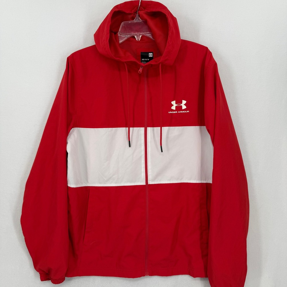 Under Armour Mens Red White Sportstyle Windbreaker Jacket Hoodie‎ 1329297 Medium